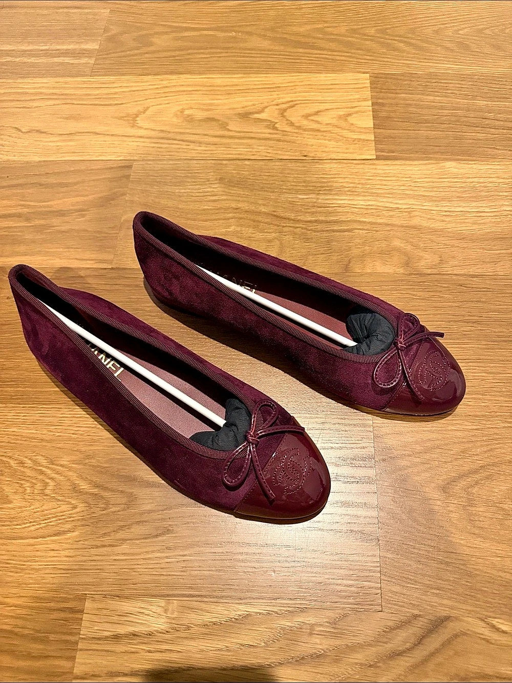 Chanel CC Burgundy Suede and Patent Cap Toe Ballet Flats